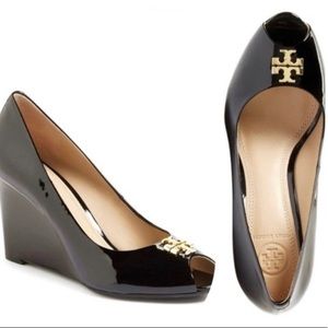 Tory Burch Jade Patent Black Peep Toe Shoes